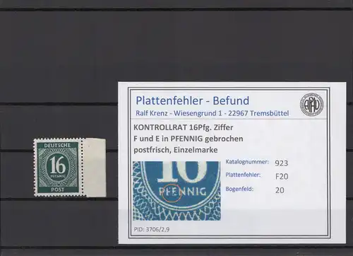 KONTROLLRAT 1947 PLATTENFEHLER Nr 923 F20 postfrisch (214645)