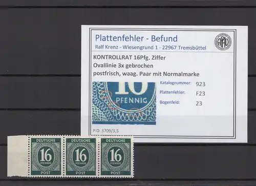 KONTROLLRAT 1947 PLATTENFEHLER Nr 923 F23 postfrisch (214648)