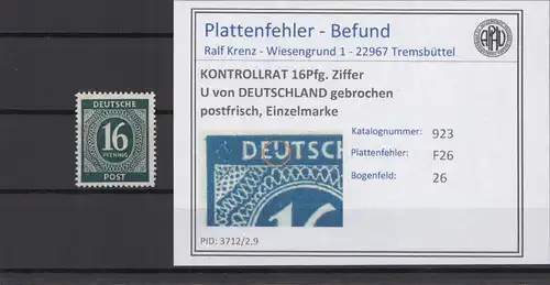 KONTROLLRAT 1947 PLATTENFEHLER Nr 923 F26 postfrisch (214651)