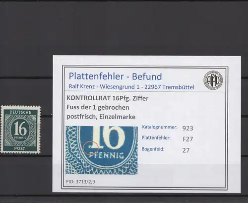 KONTROLLRAT 1947 PLATTENFEHLER Nr 923 F27 postfrisch (214652)