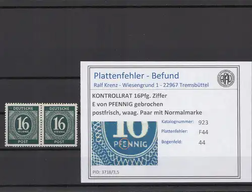 KONTROLLRAT 1947 PLATTENFEHLER Nr 923 F44 postfrisch (214657)