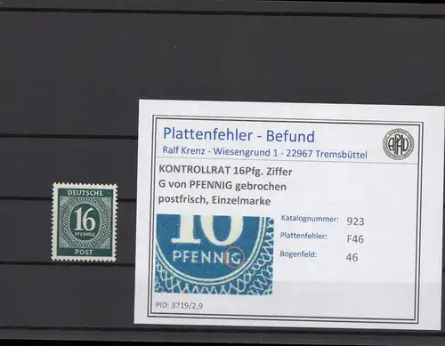 KONTROLLRAT 1947 PLATTENFEHLER Nr 923 F46 postfrisch (214658)