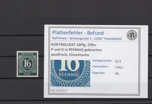 KONTROLLRAT 1947 PLATTENFEHLER Nr 923 F46a postfrisch (214660)
