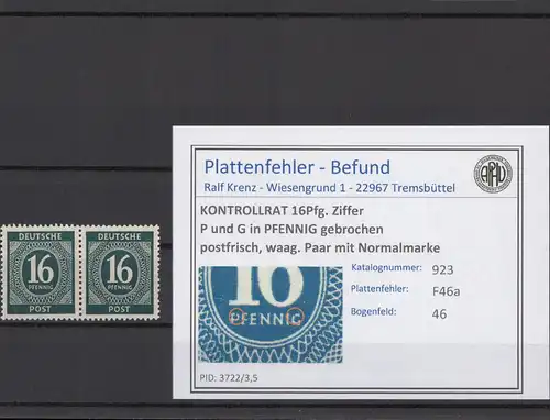 KONTROLLRAT 1947 PLATTENFEHLER Nr 923 F46a postfrisch (214661)