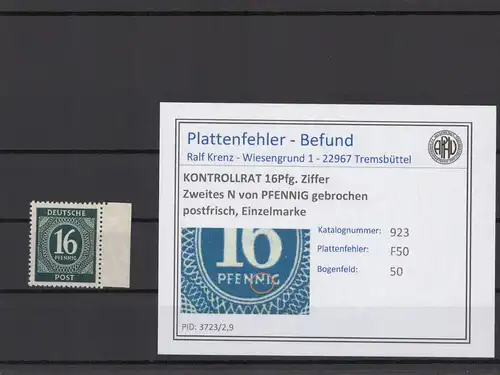 KONTROLLRAT 1947 PLATTENFEHLER Nr 923 F50 postfrisch (214662)