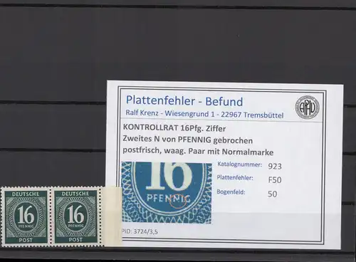 KONTROLLRAT 1947 PLATTENFEHLER Nr 923 F50 postfrisch (214663)