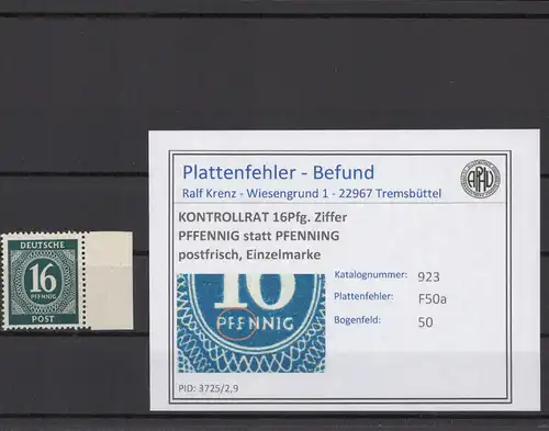KONTROLLRAT 1947 PLATTENFEHLER Nr 923 F50a postfrisch (214664)