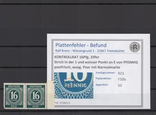 KONTROLLRAT 1947 PLATTENFEHLER Nr 923 F50b postfrisch (214666)