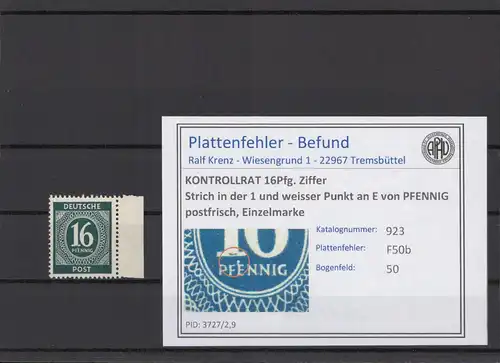 KONTROLLRAT 1947 PLATTENFEHLER Nr 923 F50b postfrisch (214668)