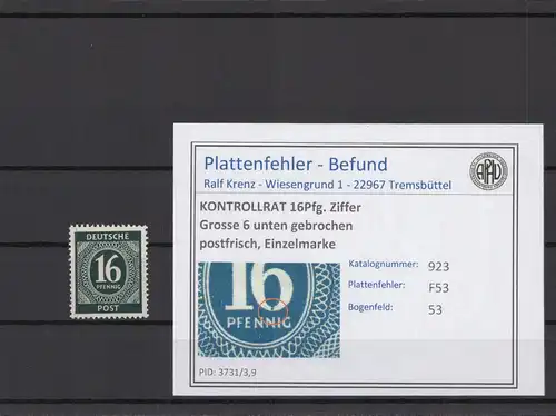 KONTROLLRAT 1947 PLATTENFEHLER Nr 923 F53 postfrisch (214670)