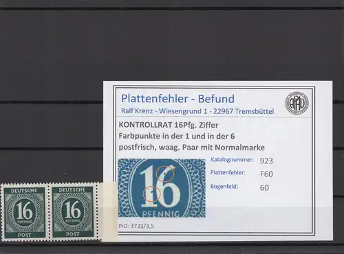 KONTROLLRAT 1947 PLATTENFEHLER Nr 923 F60 postfrisch (214672)