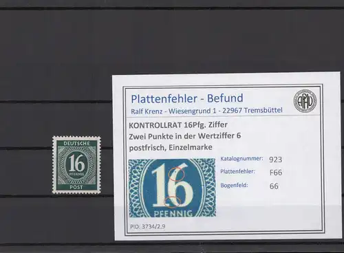 KONTROLLRAT 1947 PLATTENFEHLER Nr 923 F66 postfrisch (214673)