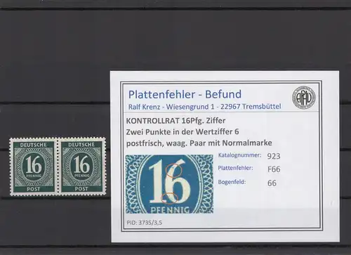KONTROLLRAT 1947 PLATTENFEHLER Nr 923 F66 postfrisch (214674)