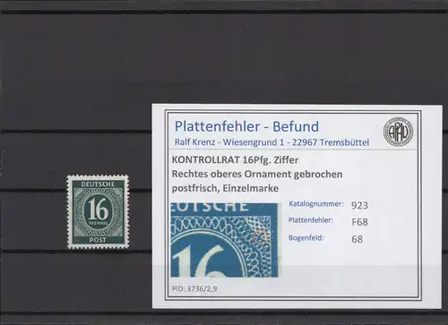 KONTROLLRAT 1947 PLATTENFEHLER Nr 923 F68 postfrisch (214675)