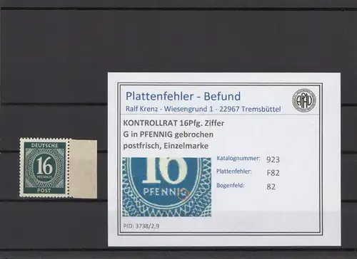 KONTROLLRAT 1947 PLATTENFEHLER Nr 923 F82 postfrisch (214677)