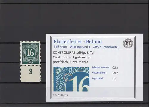 KONTROLLRAT 1947 PLATTENFEHLER Nr 923 F92 postfrisch (214681)