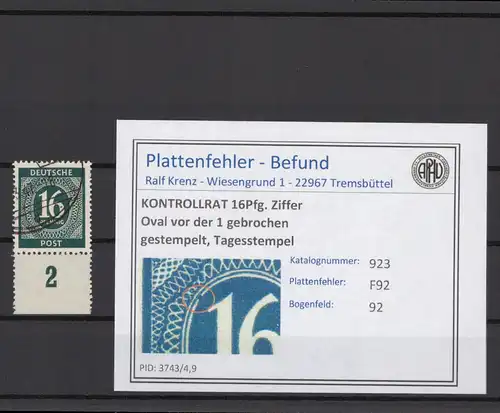 KONTROLLRAT 1947 PLATTENFEHLER Nr 923 F92 gestempelt (214682)