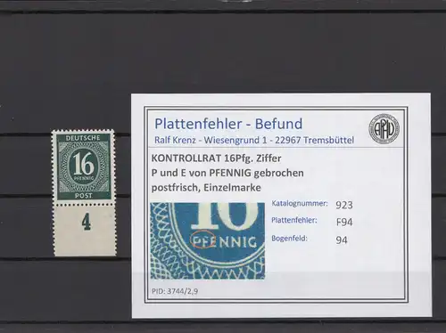 KONTROLLRAT 1947 PLATTENFEHLER Nr 923 F94 postfrisch (214683)
