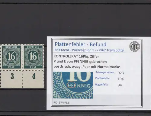KONTROLLRAT 1947 PLATTENFEHLER Nr 923 F94 postfrisch (214684)