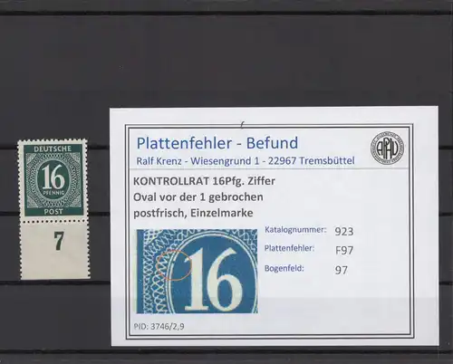 KONTROLLRAT 1947 PLATTENFEHLER Nr 923 F97 postfrisch (214685)