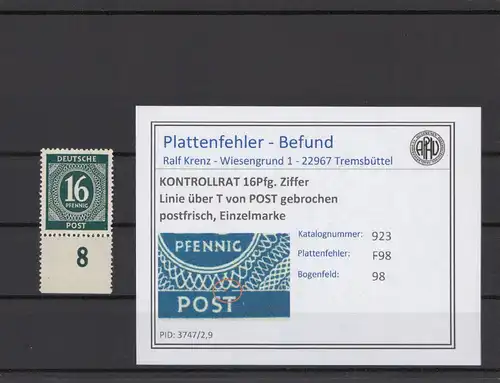 KONTROLLRAT 1947 PLATTENFEHLER Nr 923 F98 postfrisch (214686)