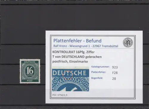KONTROLLRAT 1947 PLATTENFEHLER Nr 923 F28 postfrisch (214689)