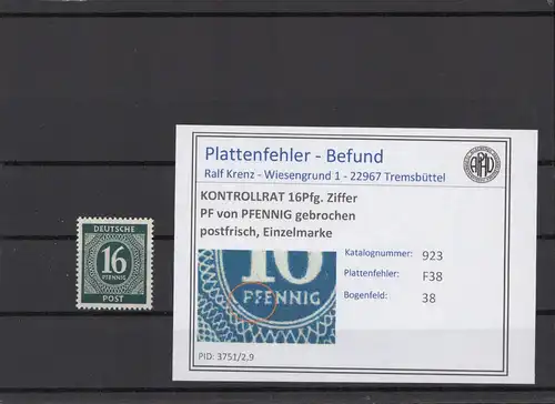 KONTROLLRAT 1947 PLATTENFEHLER Nr 923 F38 postfrisch (214690)