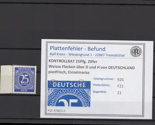 KONTROLLRAT 1947 PLATTENFEHLER Nr 926 F21 postfrisch (214698)