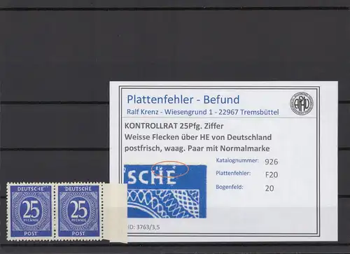 KONTROLLRAT 1947 PLATTENFEHLER Nr 926 F20 postfrisch (214701)
