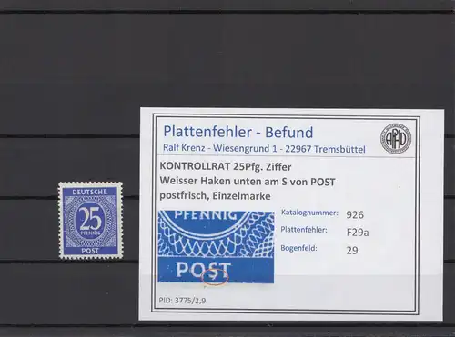 KONTROLLRAT 1947 PLATTENFEHLER Nr 926 F29a postfrisch (214713)