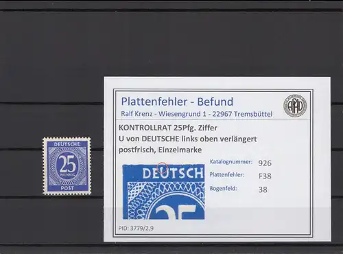 KONTROLLRAT 1947 PLATTENFEHLER Nr 926 F38 postfrisch (214717)