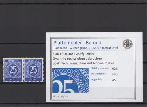 KONTROLLRAT 1947 PLATTENFEHLER Nr 926 F45 postfrisch (214720)