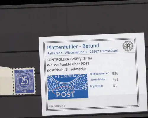 KONTROLLRAT 1947 PLATTENFEHLER Nr 926 F61 postfrisch (214723)