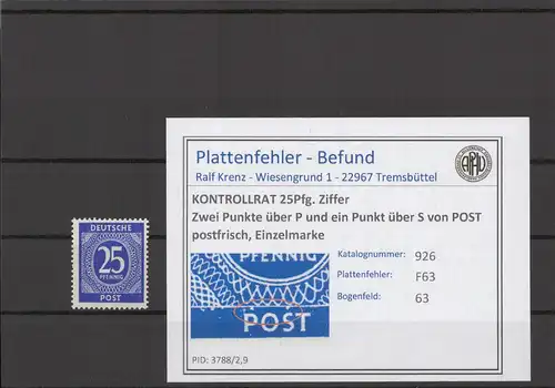 KONTROLLRAT 1947 PLATTENFEHLER Nr 926 F63 postfrisch (214725)
