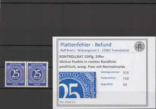 KONTROLLRAT 1947 PLATTENFEHLER Nr 926 F68 postfrisch (214730)