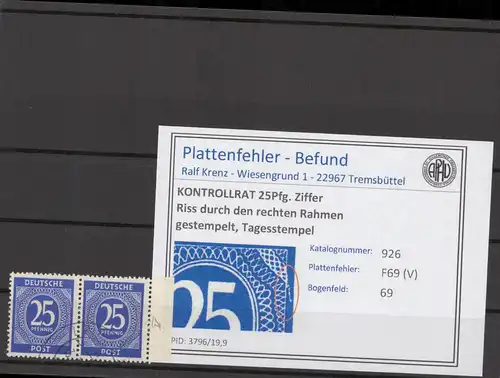 KONTROLLRAT 1947 PLATTENFEHLER Nr 926 V gestempelt (214732)