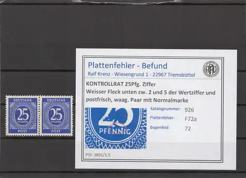 KONTROLLRAT 1947 PLATTENFEHLER Nr 926 F72a postfrisch (214737)