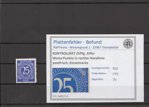 KONTROLLRAT 1947 PLATTENFEHLER Nr 926 F76 postfrisch (214738)
