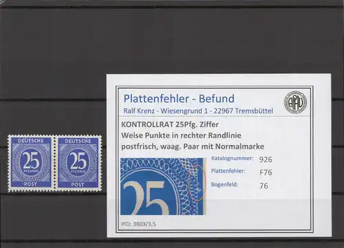 KONTROLLRAT 1947 PLATTENFEHLER Nr 926 F76 postfrisch (214739)