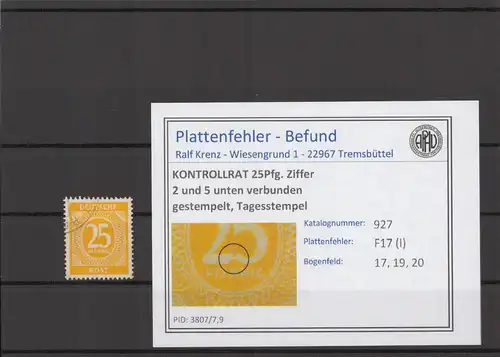 KONTROLLRAT 1947 PLATTENFEHLER Nr 927 I postfrisch (214741)