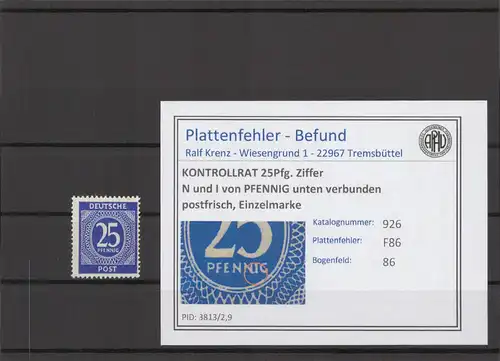 KONTROLLRAT 1947 PLATTENFEHLER Nr 926 F86 postfrisch (214747)