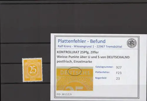 KONTROLLRAT 1947 PLATTENFEHLER Nr 927 F23 postfrisch (214750)