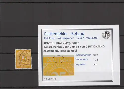 KONTROLLRAT 1947 PLATTENFEHLER Nr 927 F23 gestempelt (214752)