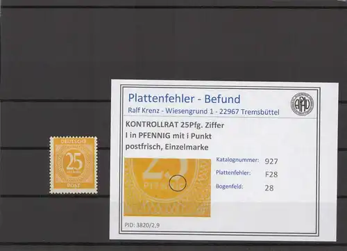 KONTROLLRAT 1947 PLATTENFEHLER Nr 927 F28 postfrisch (214753)