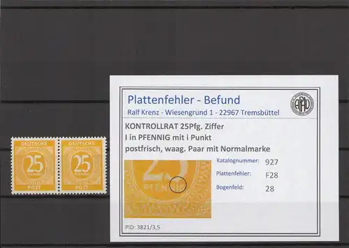 KONTROLLRAT 1947 PLATTENFEHLER Nr 927 F28 postfrisch (214754)