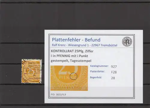 KONTROLLRAT 1947 PLATTENFEHLER Nr 927 F28 gestempelt (214755)