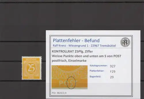 KONTROLLRAT 1947 PLATTENFEHLER Nr 927 F29 postfrisch (214757)