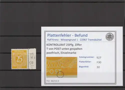 KONTROLLRAT 1947 PLATTENFEHLER Nr 927 F30 postfrisch (214760)