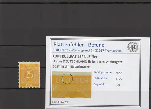 KONTROLLRAT 1947 PLATTENFEHLER Nr 927 F38 postfrisch (214764)