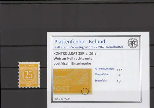 KONTROLLRAT 1947 PLATTENFEHLER Nr 927 F48 postfrisch (214769)